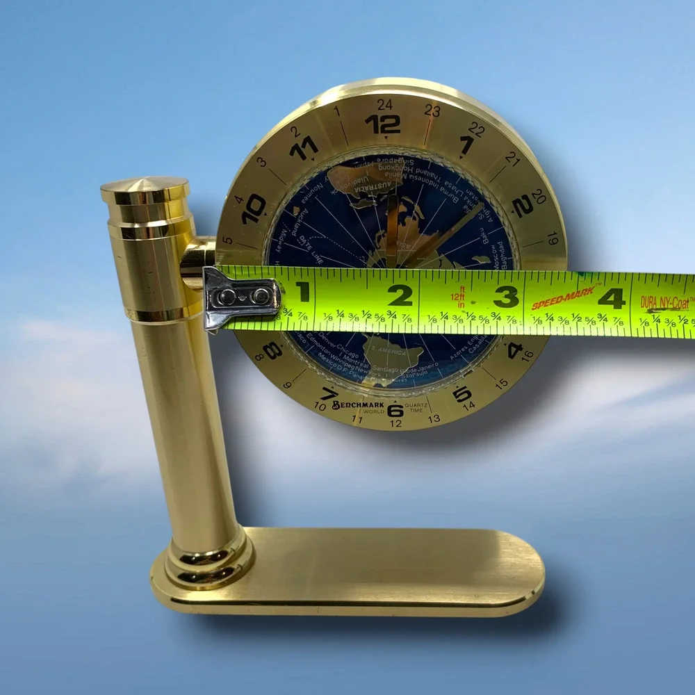 Vintage Benchmark World Time Desk Clock Quartz Brass Tone Map Globe 7”